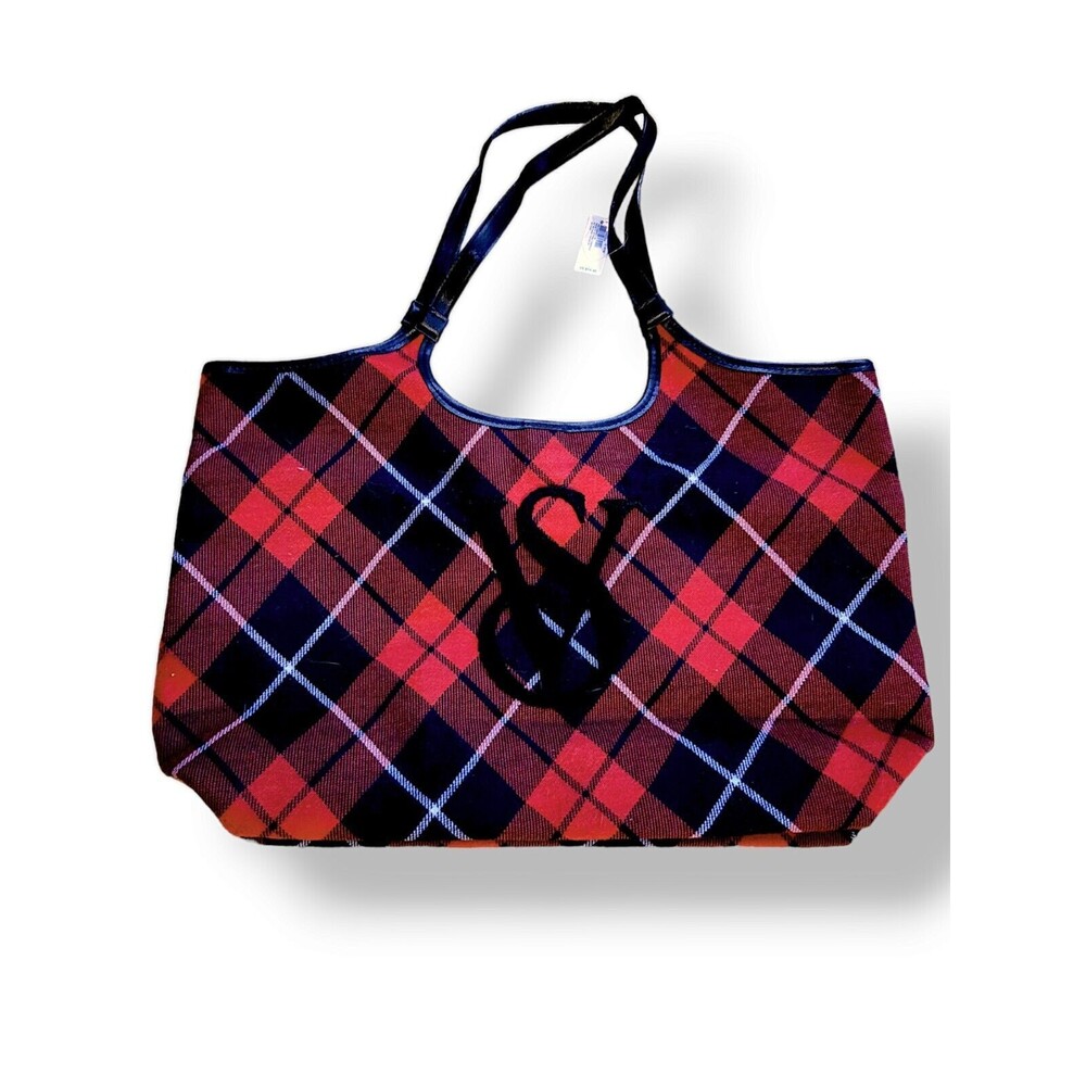 Victoria’s Secret Plaid Holiday Red Tote VS Monogram Logo Bag Fleece NWT $59.95
